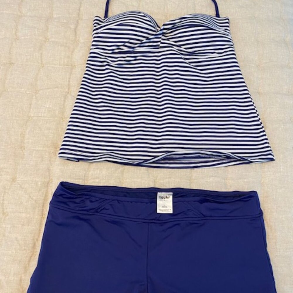 women's swim shorts size large with matching medium navy striped swim halter top